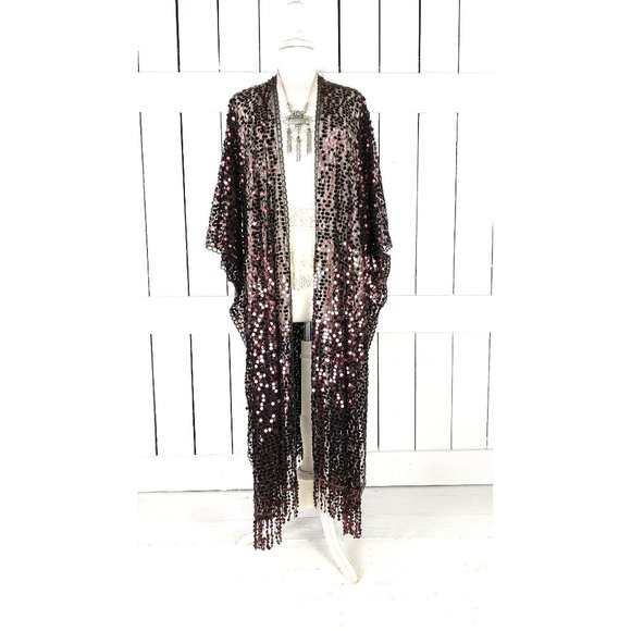 MAXI length brown black net sequin long kimono cover up jacket - Picture 1 of 5